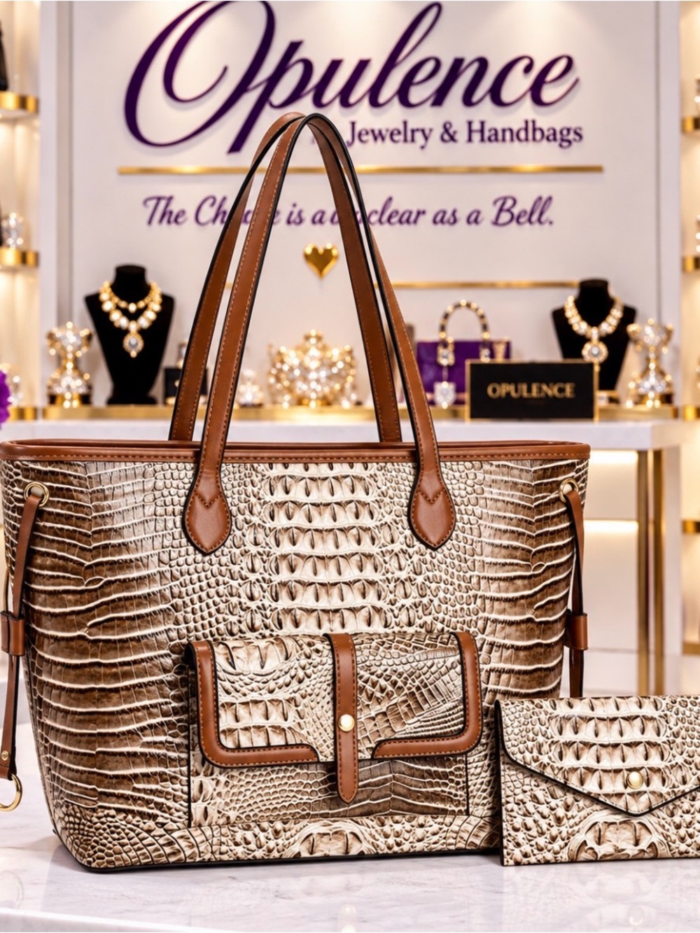 Croc-Embossed Brown Tote Bag with Wallet